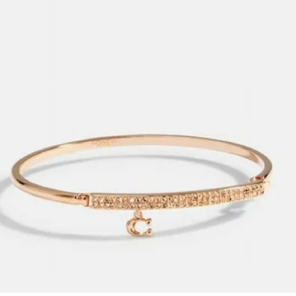 Coach Signature Pave Bar Hinged‎ Bangle bracelet rose gold NWT